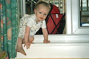 Sarah escaping over the doorstep